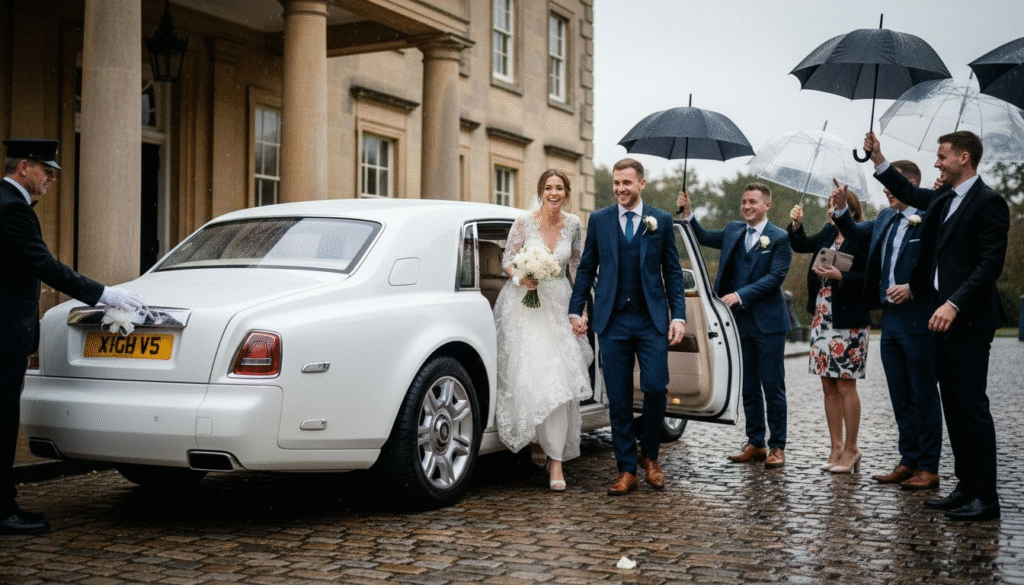 Bride and groom exiting luxury wedding car