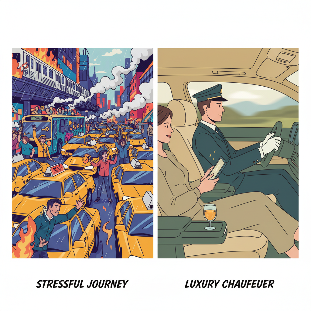 An artistic flat illustration depicting the contrast between stressful travel and luxury chauffeur service. On one side, show a chaotic urban scene with traffic jams, people hailing taxis, and crowded public transport. On the other side, a calm, serene interior of a luxury car with a passenger relaxing, perhaps reading a tablet or sipping a drink, driven by a professional chauffeur. Use soft, elegant color palettes for the chauffeur side and harsher, more vibrant colors for the chaotic side.