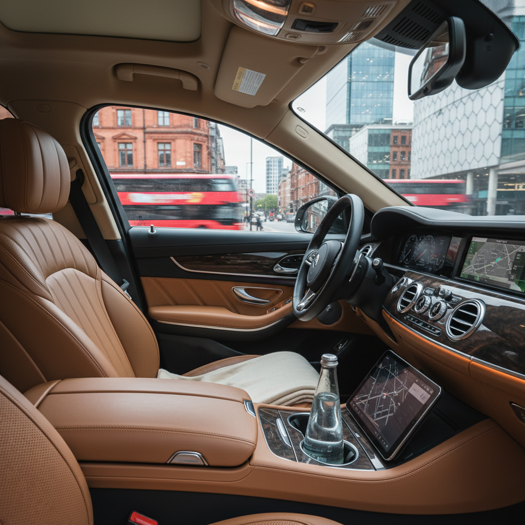 A dynamic professional photo focusing on the interior of a high-end luxury vehicle from a passenger's perspective. Show plush leather seating, a glimpse of the quiet, elegant cabin, perhaps a subtle hint of personalized amenities like a chilled water bottle or a tablet. The exterior view through the window suggests movement through a sophisticated urban environment, hinting at Birmingham's city life, but the primary focus is on the tranquil, luxurious experience inside the car.