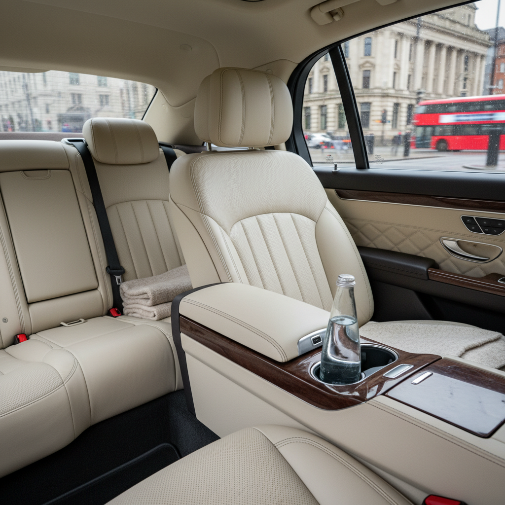 A professional photo from the perspective of a passenger in the back seat of a luxury chauffeur car. The shot should focus on the meticulously clean and plush leather interior, showcasing subtle amenities like a charging port, a discreet bottle of water, and immaculate detailing. Through the window, a blurred but recognizable street scene of Birmingham can be subtly visible, emphasizing movement and destination.