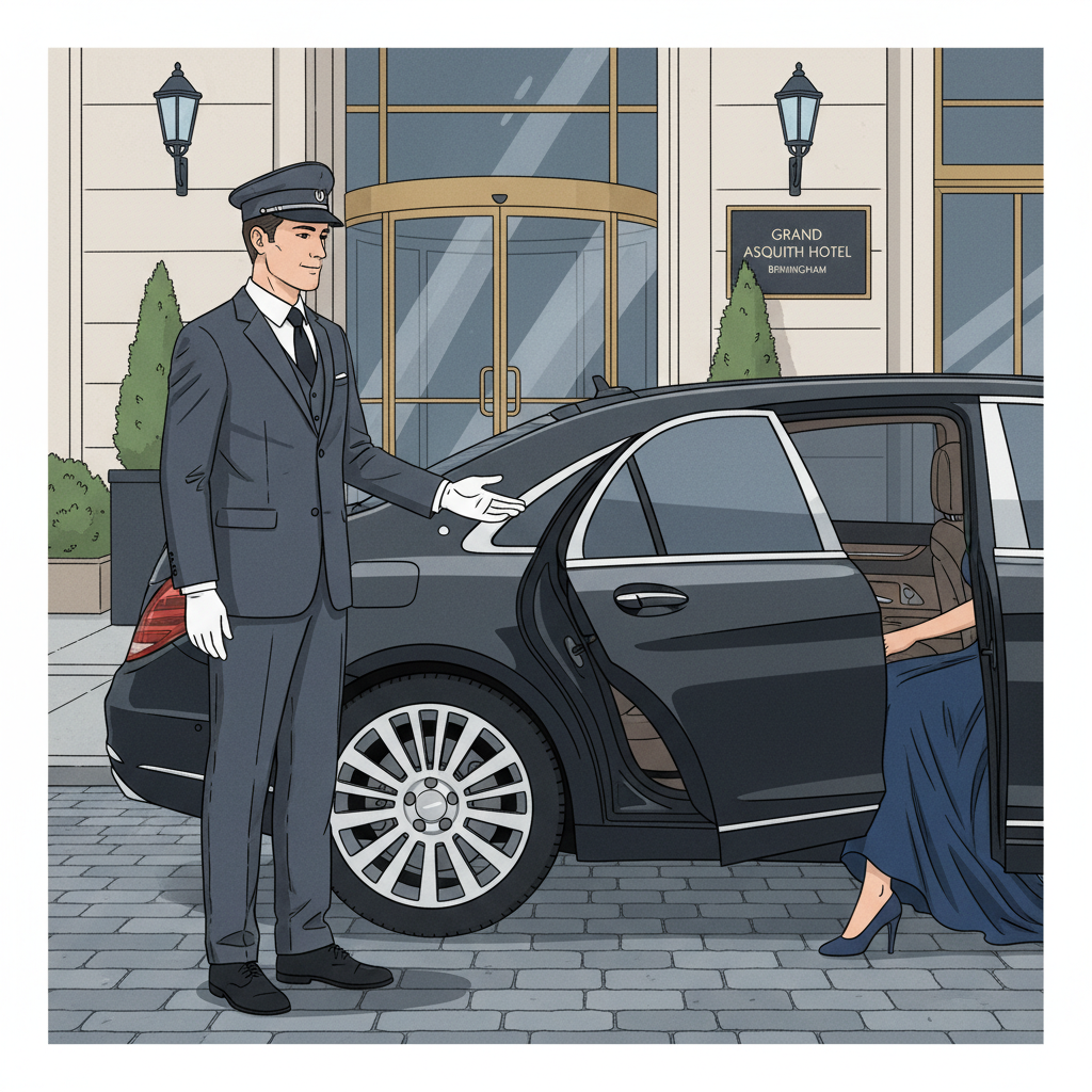 An illustration depicting a well-dressed, professional chauffeur, possibly wearing a cap and smart suit, standing next to the open rear door of a luxury vehicle. The chauffeur is extending a courteous hand gesture, inviting a client (whose face is not fully visible, just elegant attire) to enter the car. The background should subtly suggest an upscale Birmingham location like a high-end hotel entrance or a corporate office building, conveying professionalism and attentive service.