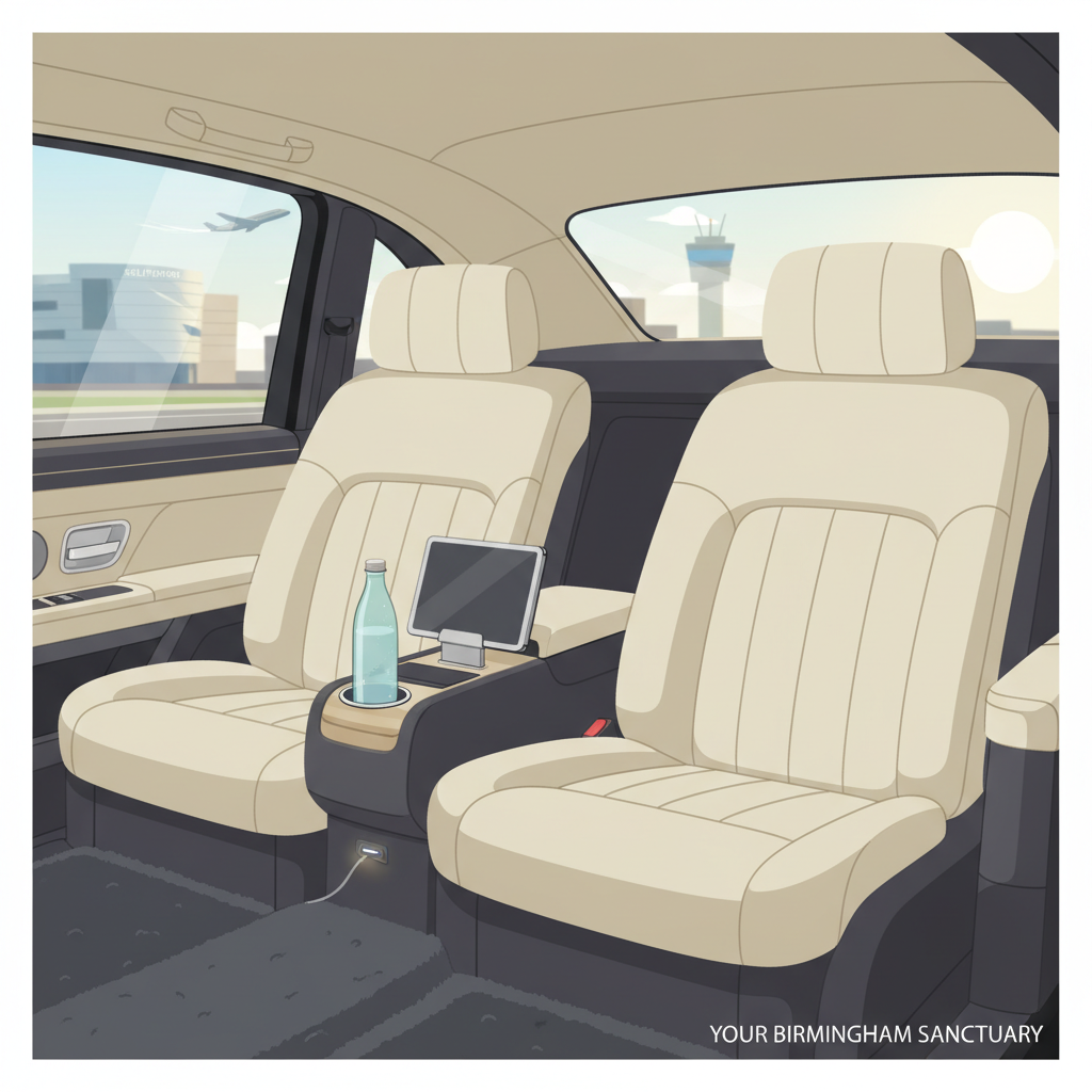 A flat illustration, from the interior perspective, of the back seat of a luxurious car. The image emphasizes comfort and amenities: plush leather seats, ample legroom, a small bottle of water in a holder, a tablet suggesting Wi-Fi, and a subtle charging port visible. Through the window, a blurred but recognizable Birmingham city landscape or a glimpse of the airport can be seen. The overall mood is peaceful and relaxing, highlighting the 'sanctuary of calm' aspect.