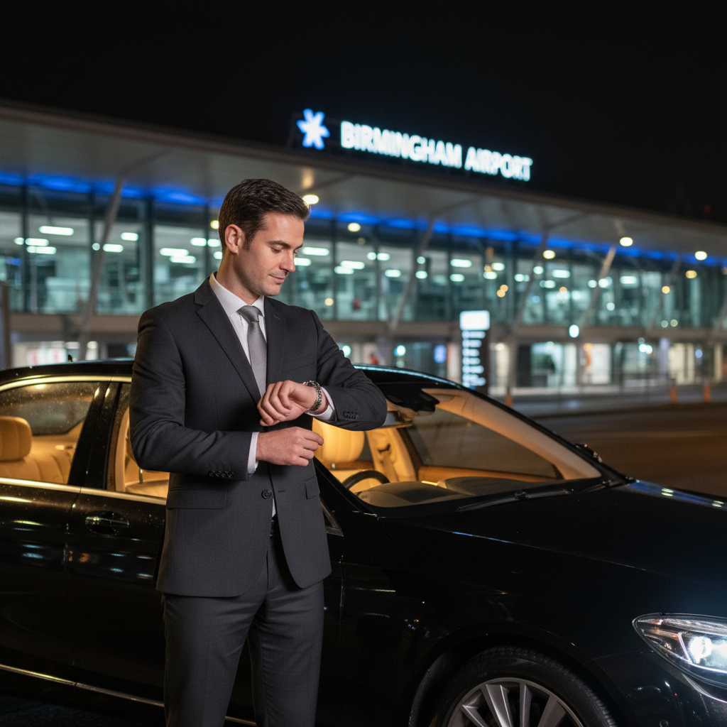 A dynamic, professional photo focusing on punctuality and peace of mind. A smartly dressed chauffeur is confidently checking their watch, standing beside a premium vehicle at night, with the illuminated Birmingham Airport terminal in the background. The chauffeur's expression is attentive and professional, conveying reliability. There's a subtle glow from the car's interior or ambient street lighting, creating a sense of preparedness and seamless service even during off-peak hours.