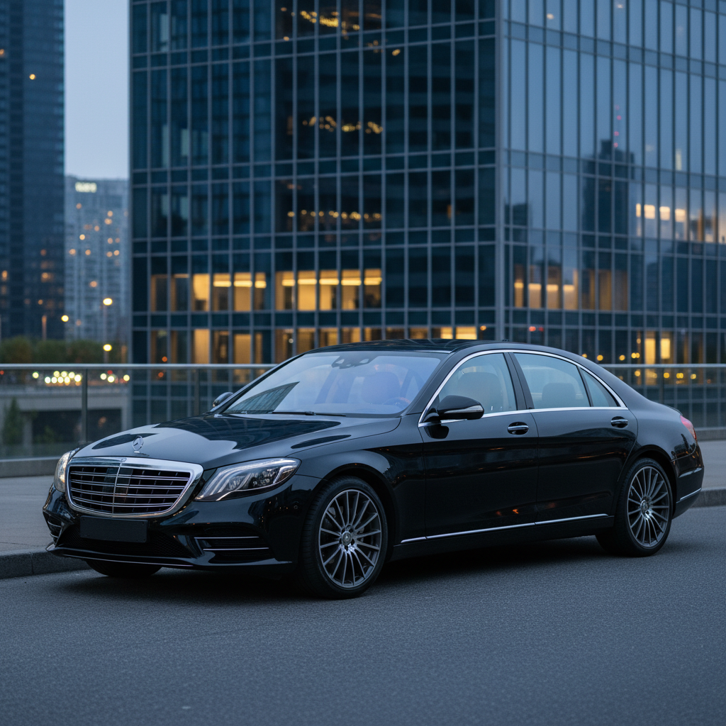 A luxurious, pristine black Mercedes-Benz S-Class sedan parked elegantly at the curb in front of a modern, gleaming city skyscraper at dusk. The city lights are subtly blurred in the background, creating a sophisticated ambiance. The image should convey professionalism and premium service. Professional photograph, high-resolution, rich colors, soft bokeh.