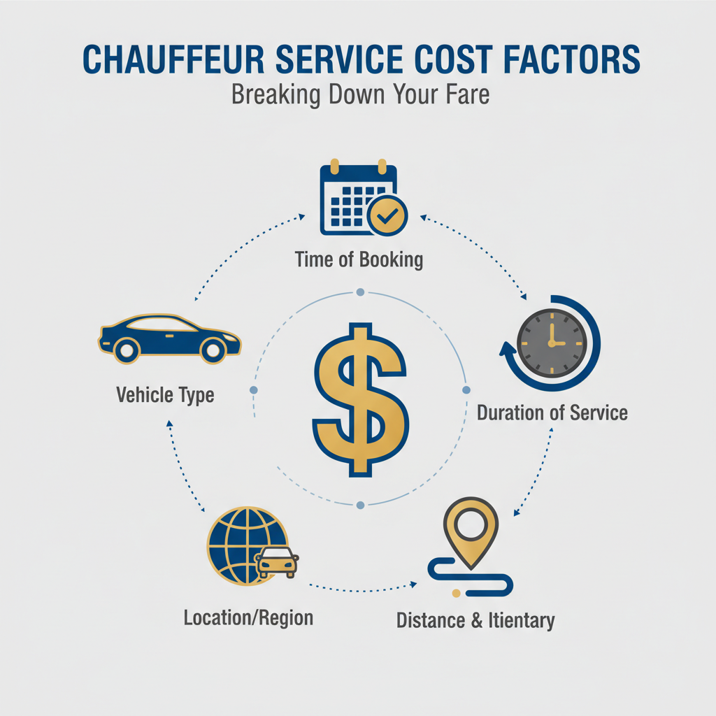 An infographic-style illustration depicting a breakdown of chauffeur service cost factors. The central element is a dollar sign ($) surrounded by five distinct icons or small illustrations: a sleek car silhouette (Vehicle Type), a clock (Duration of Service), a map pin with a winding road (Distance & Itinerary), a globe (Location/Region), and a calendar (Time of Booking). Each icon should have a brief, illustrative label. Flat illustration, clean lines, professional color palette (blues, greys, touches of gold).