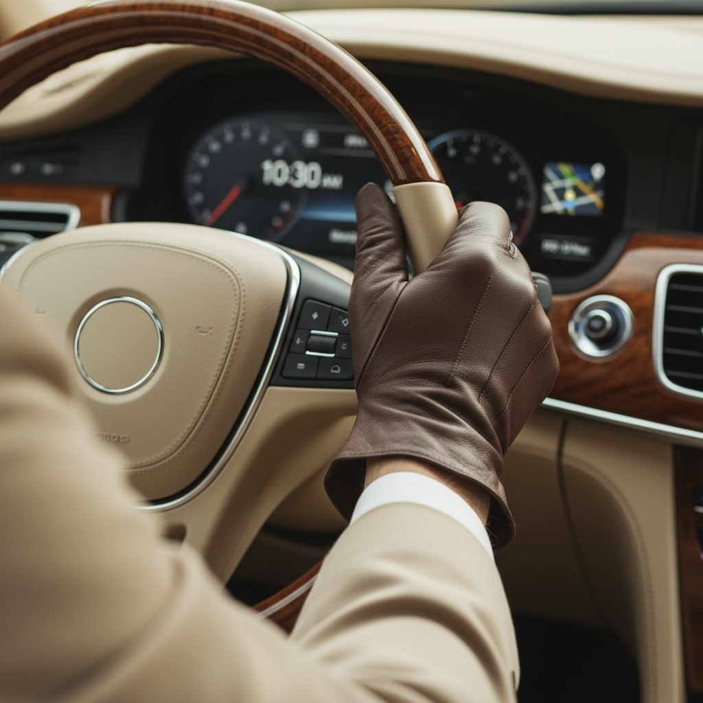 A sophisticated close-up of a well-dressed chauffeur's hands on a steering wheel, with a subtle glimpse of a luxury car interior (leather seats, polished wood grain). In the background, out of focus, a digital clock displaying '10:30 AM' and a subtly blurred map icon indicating a destination. This image visually represents 'Duration of Service' and 'Punctuality'. Professional photograph, shallow depth of field, warm, inviting tones, focusing on texture and detail.