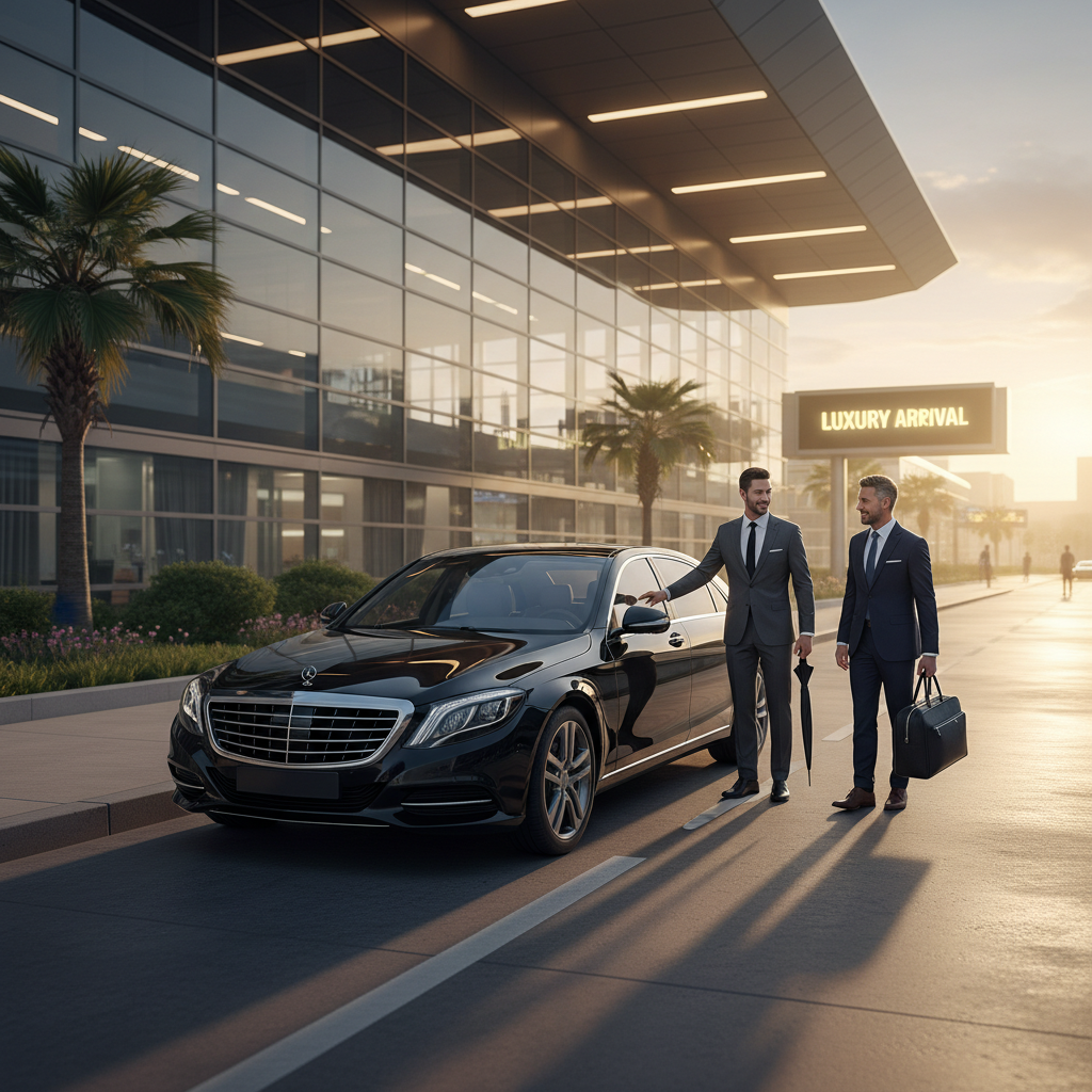 A professional photo capturing a sleek, luxurious black chauffeur car (e.g., Mercedes S-Class) parked impeccably outside a modern, well-lit airport terminal. The driver, dressed in a sharp suit, is standing by the open rear passenger door, ready to assist a well-dressed traveler holding a small carry-on bag. The scene conveys sophistication, efficiency, and stress-free arrival. Early morning light or soft evening glow would enhance the luxurious feel.