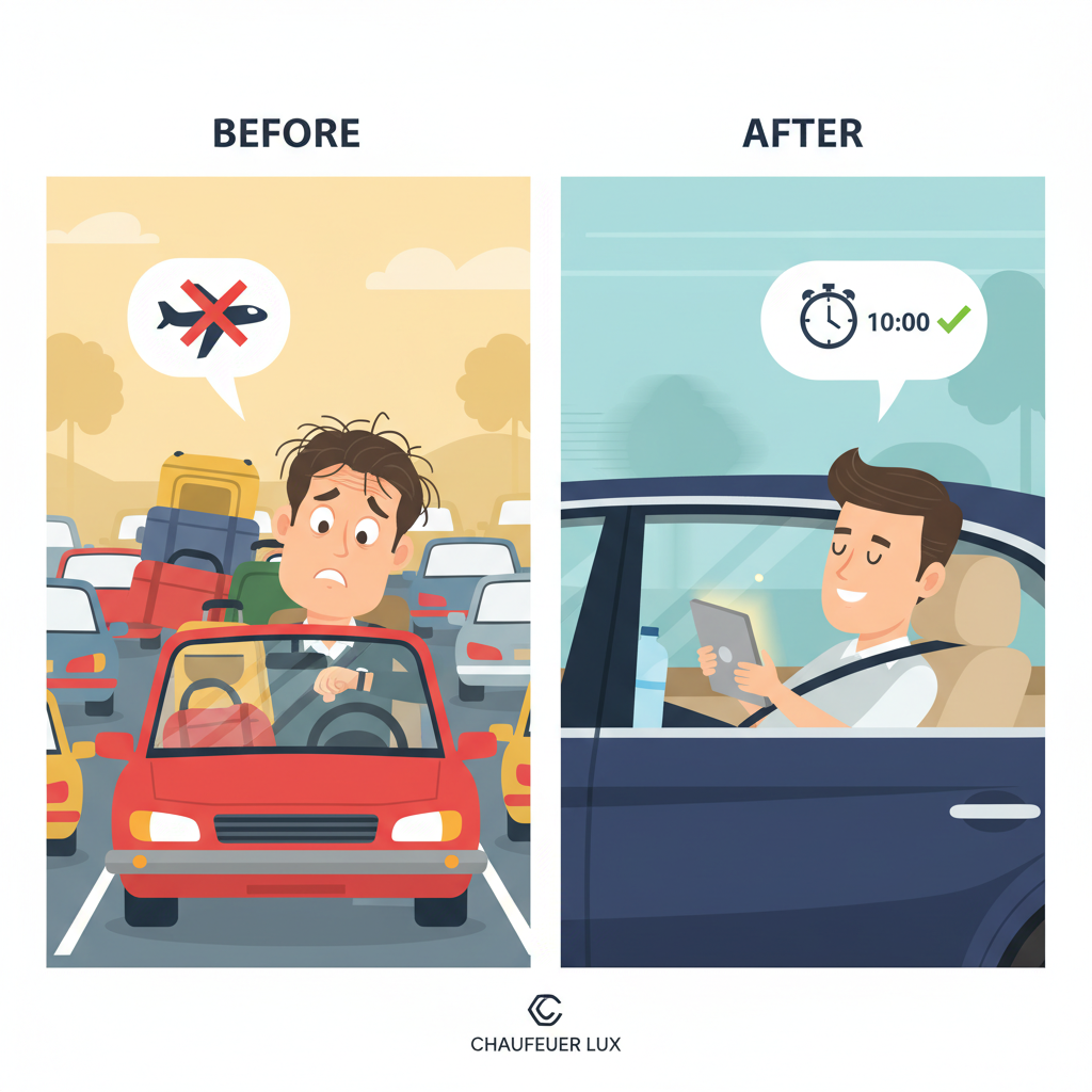 A vibrant flat illustration depicting a split-screen or 'before and after' comparison. On one side, a stressed-out traveler is stuck in heavy traffic, looking anxiously at their watch, bags piled in a messy car, with a thought bubble showing a missed flight. On the other side, the same traveler is comfortably seated in the back of a pristine chauffeur car, looking relaxed, perhaps reading a tablet, with a thought bubble showing an on-time arrival at the airport. Use bright, clean colors to highlight the contrast.