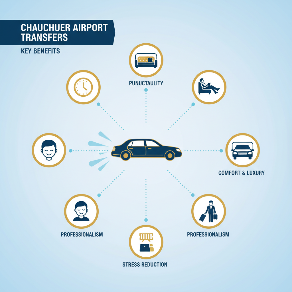 An infographic-style illustration highlighting the key benefits of a chauffeur service for airport transfers. The central element could be a stylized car icon with radiating lines pointing to smaller, distinct icons representing: a clock (punctuality), a plush car interior with a person relaxing (comfort/luxury), a silhouetted professional driver assisting with luggage (professionalism), and a calm person (stress reduction). Use a clean, modern design with clear, concise labels and a cohesive color palette.