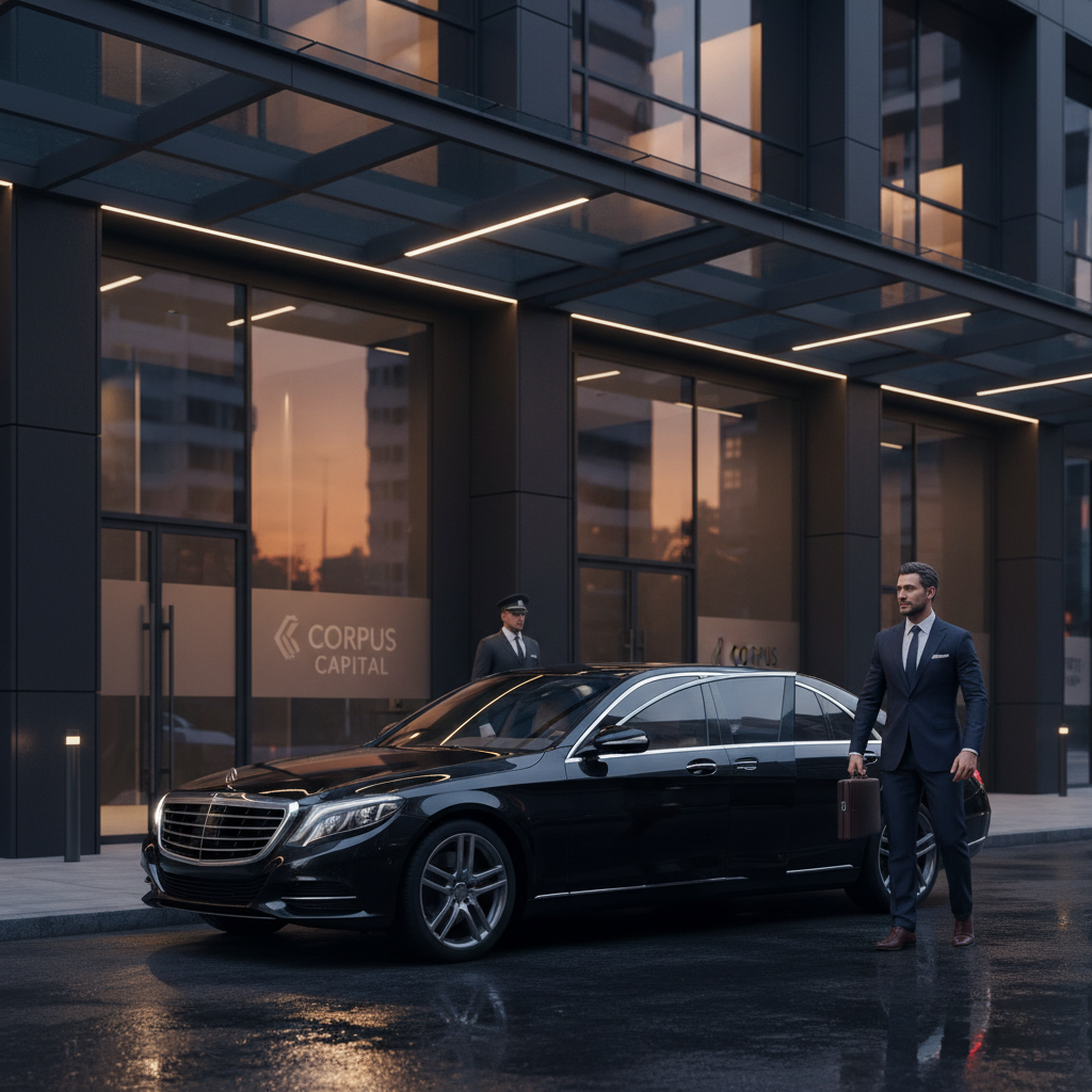 A luxurious black executive sedan (e.g., Mercedes S-Class, BMW 7 Series) pulling up to a modern, glass corporate building entrance at dusk. The chauffeur, impeccably dressed in a dark suit with white gloves, is opening the rear passenger door for a well-dressed male executive stepping out. The scene should convey sophistication, professionalism, and exclusivity. Professional photo, cinematic lighting.