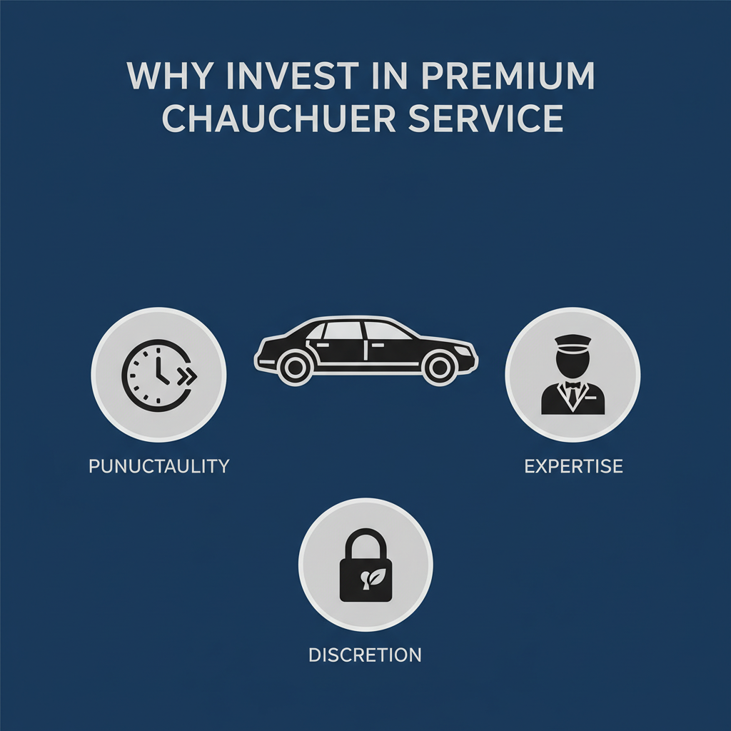 An infographic-style illustration depicting the 'Why Invest in Premium Chauffeur Service' section. Three distinct icons are arranged around a central elegant car icon: a clock symbolizing punctuality, a professional driver silhouette symbolizing expertise, and a subtle lock icon symbolizing discretion. Each icon has a short, concise label. Flat illustration, clean lines, corporate color palette (e.g., deep blues, silvers).