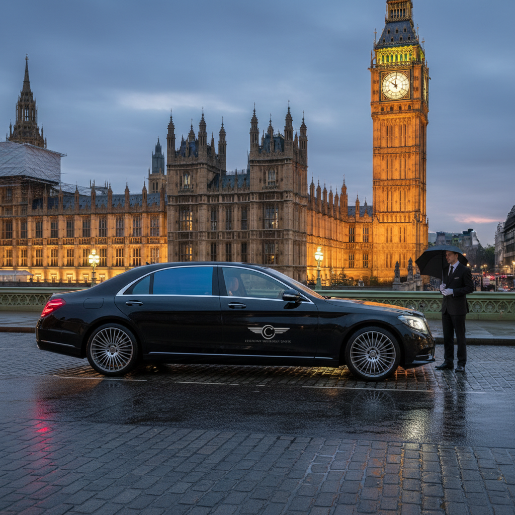 A luxurious, pristine black Mercedes-Benz S-Class or BMW 7 Series sedan parked elegantly in front of a quintessential UK landmark (e.g., Big Ben or a stately London building). The image should convey sophistication and professionalism, perhaps with a subtle glow or soft lighting. Professional photo, embodying luxury travel and executive chauffeurs.