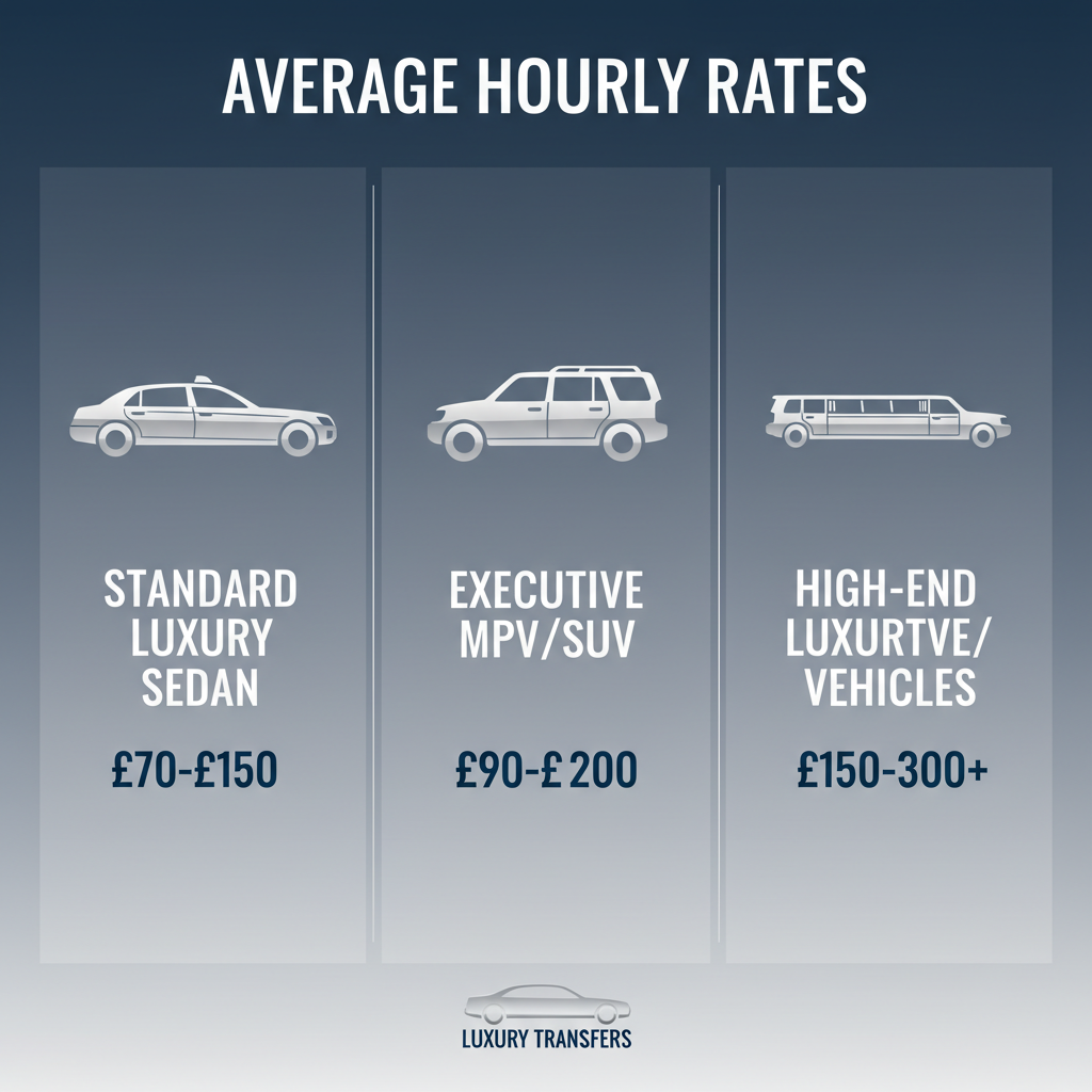 An infographic illustrating the average hourly rates for different vehicle types. It should feature clean, modern icons for 'Standard Luxury Sedan', 'Executive MPV/SUV', and 'High-End Luxury/Executive Vehicles' with their respective price ranges (£70-£150, £90-£200, £150-£300+). Use a clear, premium color palette like deep blues, silvers, and whites. Infographic style, clean lines, and easy-to-read typography.