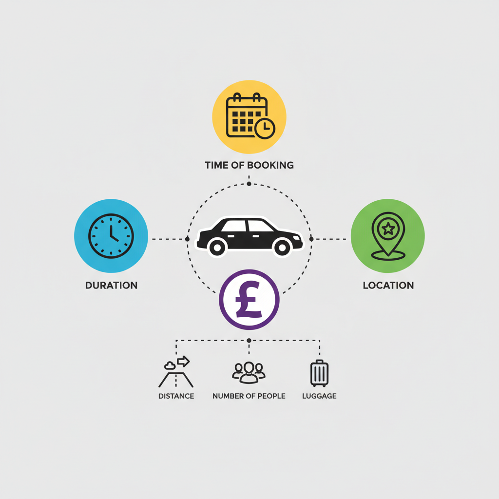 A stylized flat illustration depicting various factors influencing chauffeur costs. Elements could include a small car icon connected to a '£' symbol, a clock icon for 'duration', a map pin for 'location', and a calendar icon for 'time of booking'. Each element should be distinct and visually represent its factor, arranged in a clean, modern layout. Flat illustration, vector style, simple and effective.