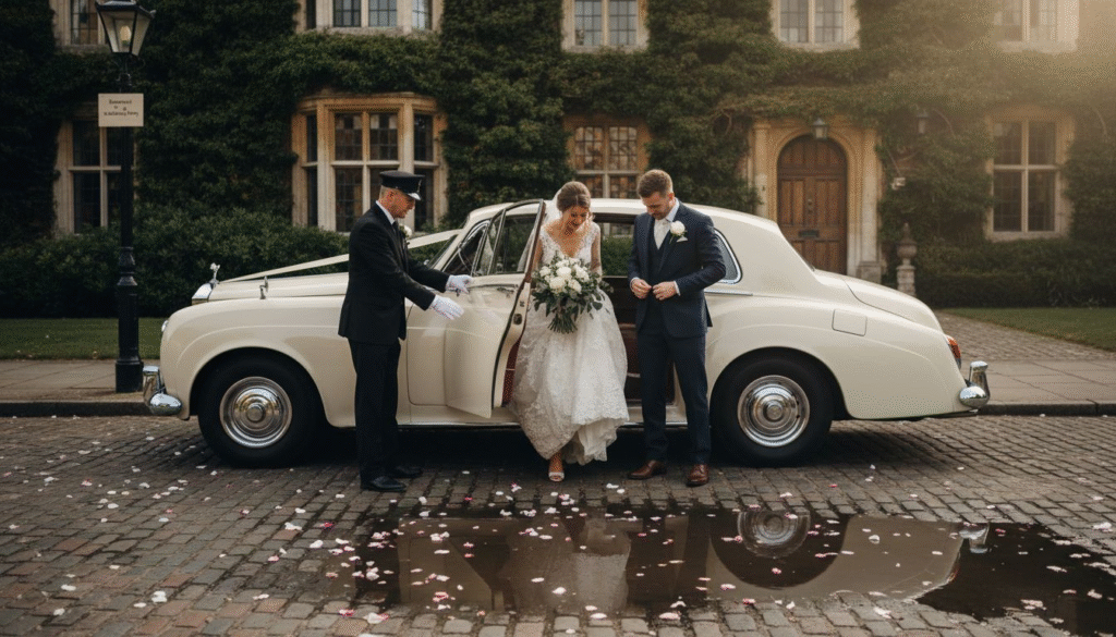 Chauffeur opens wedding limousine for couple