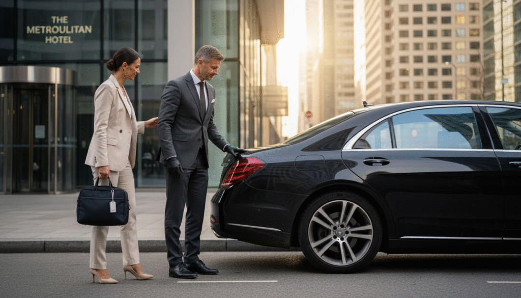 Chauffeur assisting client beside S-Class sedan