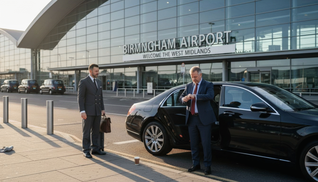 Businessman exiting luxury airport vehicle