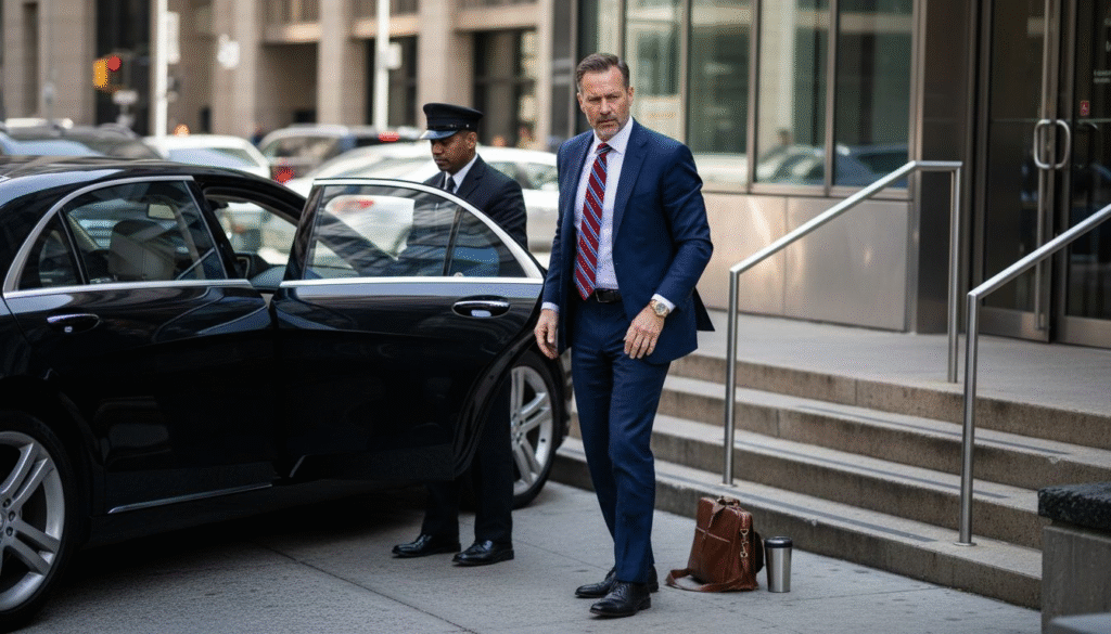 Executive exits luxury car at city office