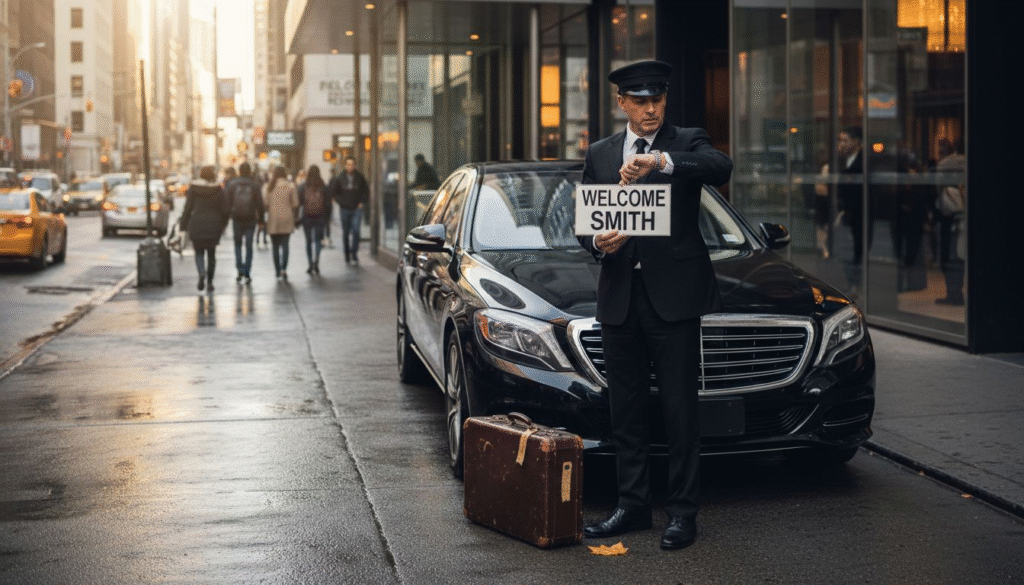 Chauffeur with sign outside hotel curbside