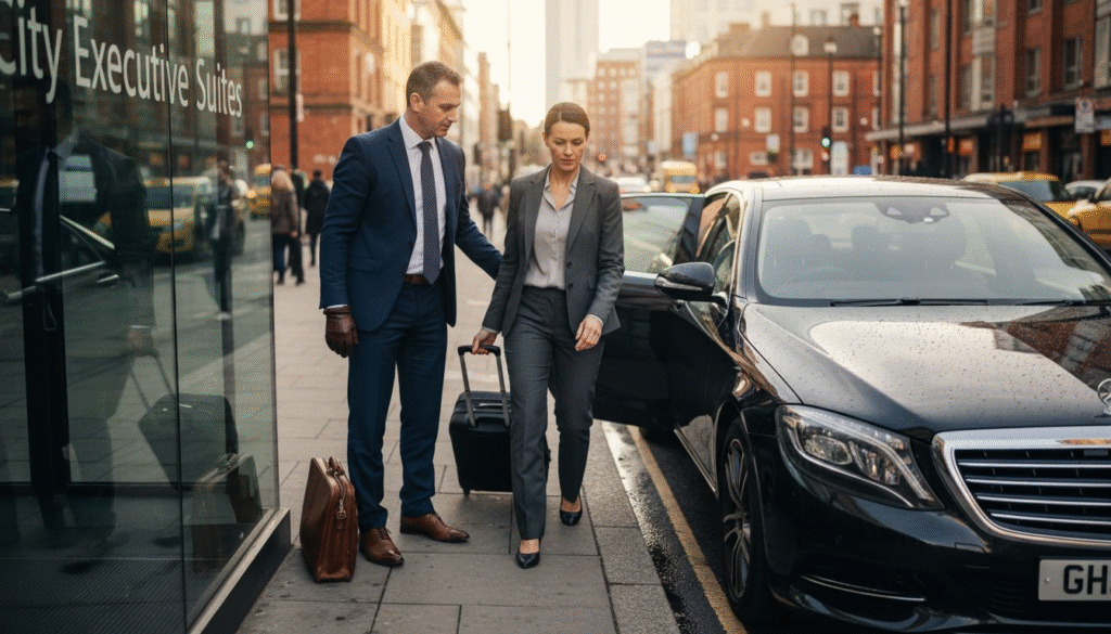 Chauffeur assisting client at Birmingham hotel