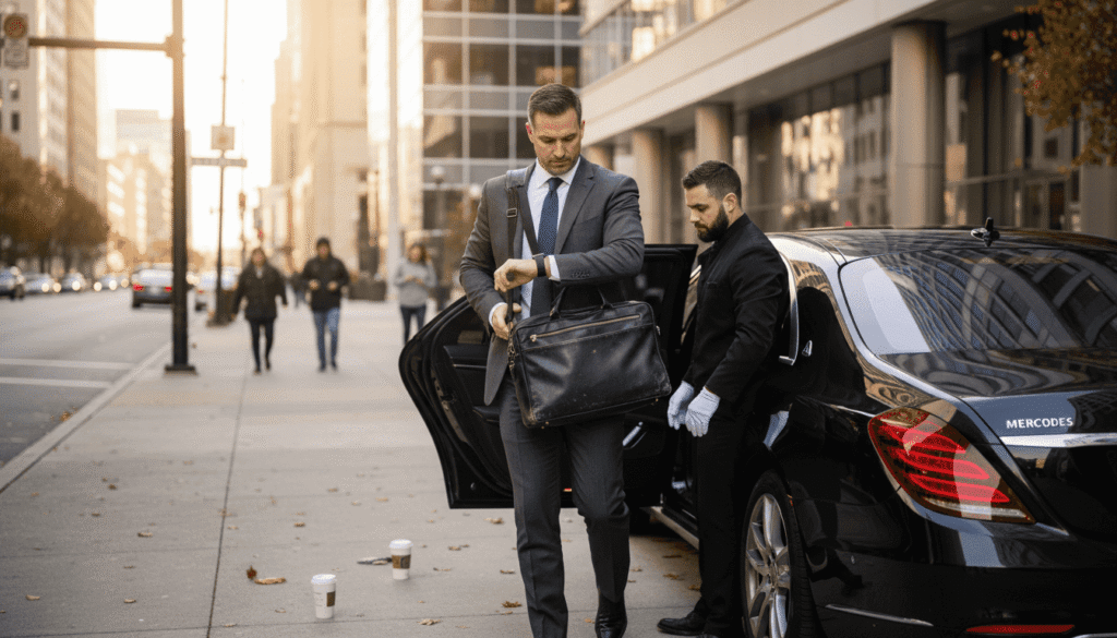 Executive arriving in chauffeured car downtown