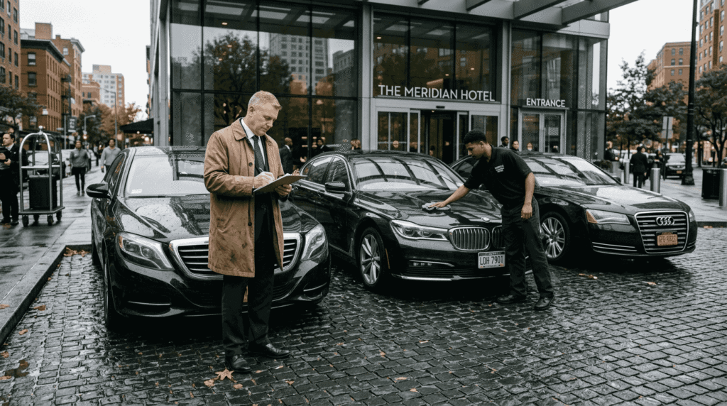 Luxury car fleet outside upscale urban hotel