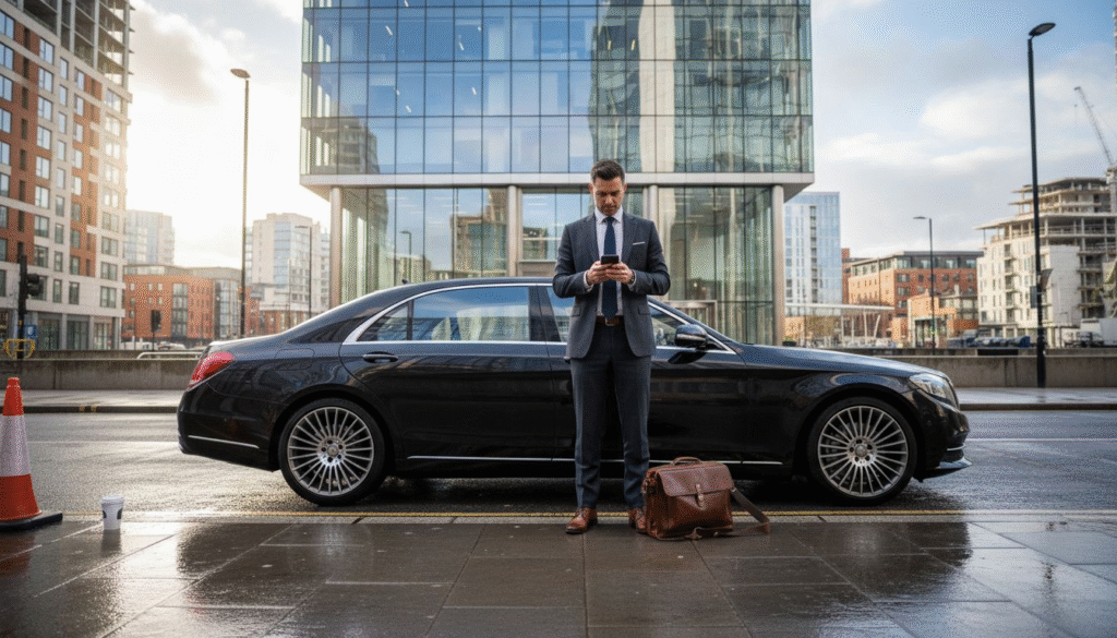 Executive waiting by black Mercedes in Birmingham