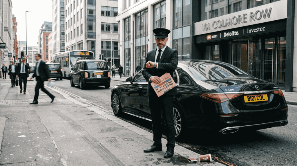 Chauffeur beside luxury car in city street