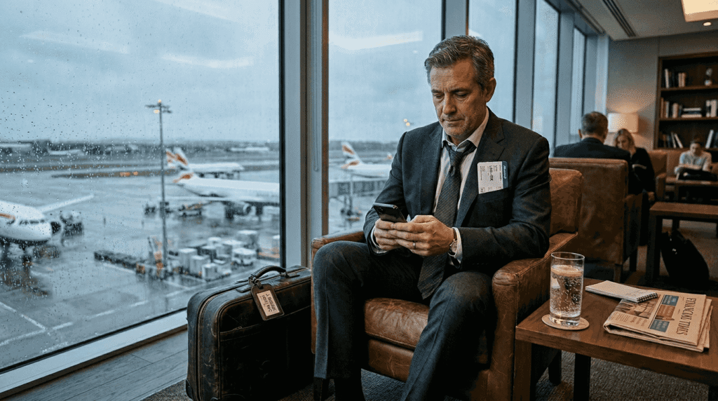 Executive relaxing in private airport lounge