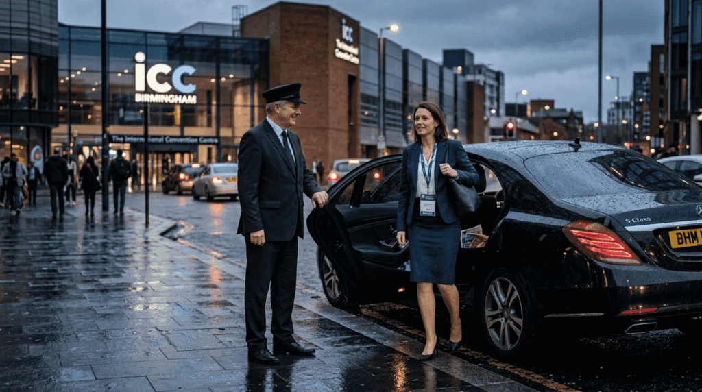 Chauffeur assisting businesswoman at ICC Birmingham