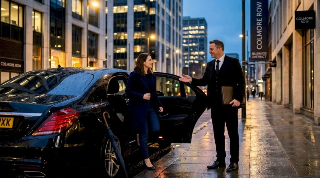 Chauffeur greets client in Birmingham business district