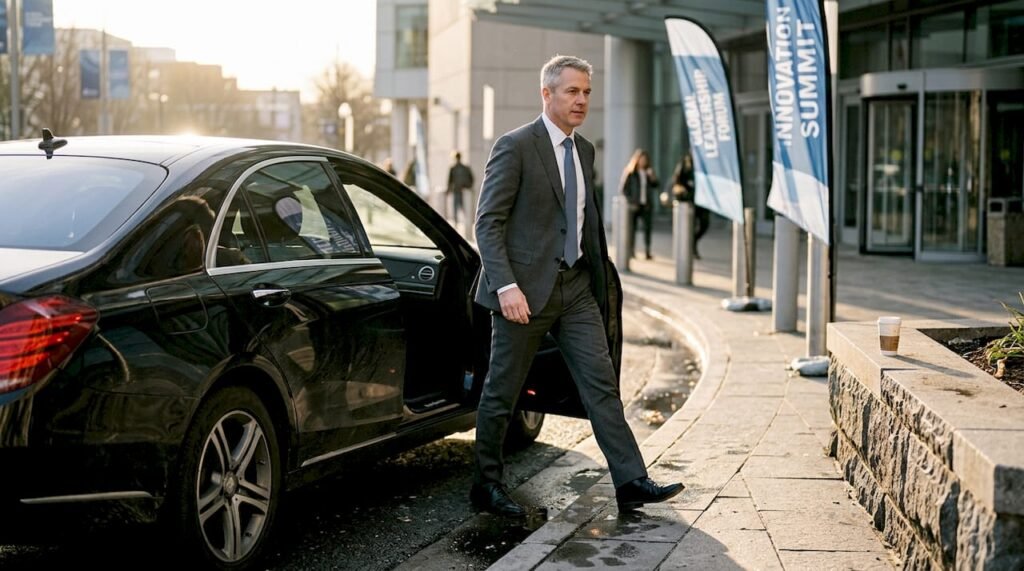 Executive exits luxury car at event venue