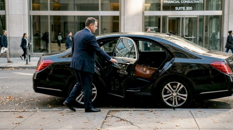 Chauffeur closing door of luxury sedan