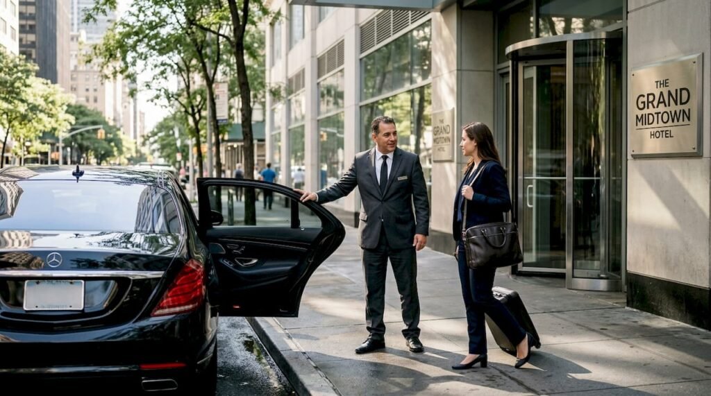 Chauffeur assisting passenger at hotel curb