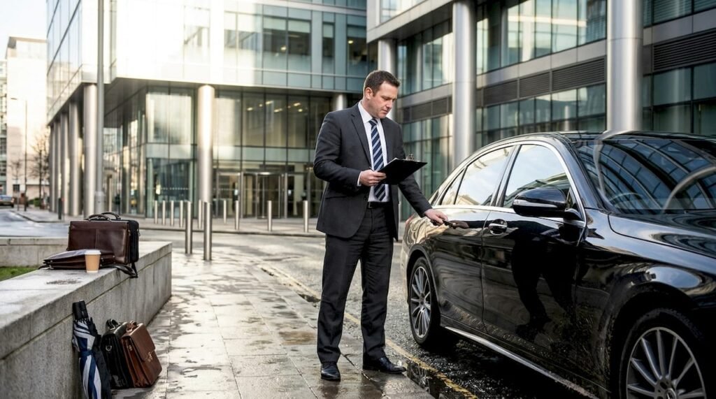 Top corporate transportation in Birmingham for business 5 Chauffeur with Mercedes outside Birmingham office