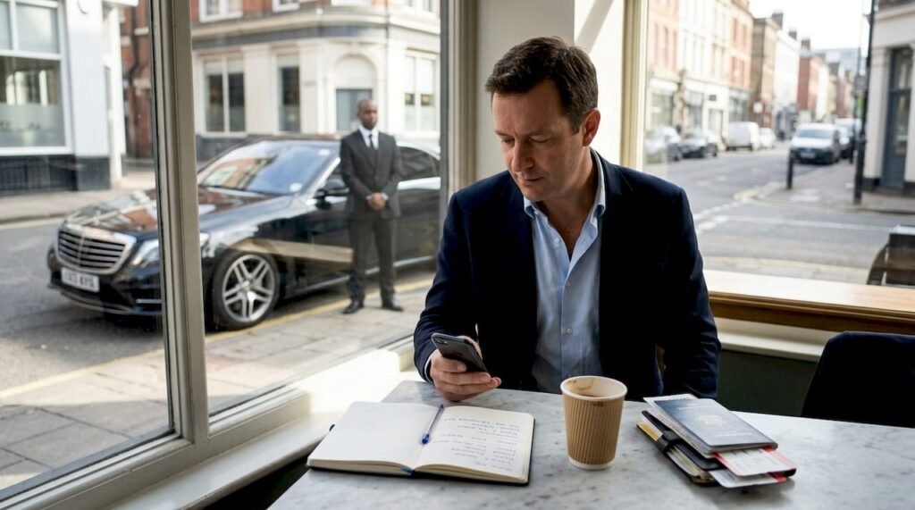 How to book chauffeur services in Birmingham: step-by-step 18 Man booking Birmingham chauffeur in city café