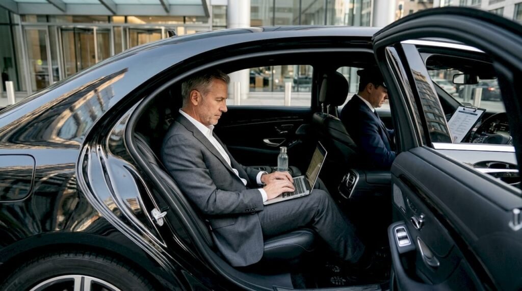 Executive car hire explained: premium chauffeur services 9 Executive in Mercedes with chauffeur at office