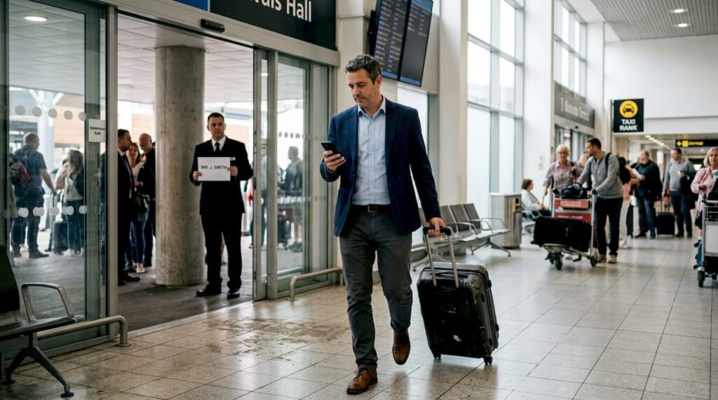 Business traveler meeting airport driver Birmingham