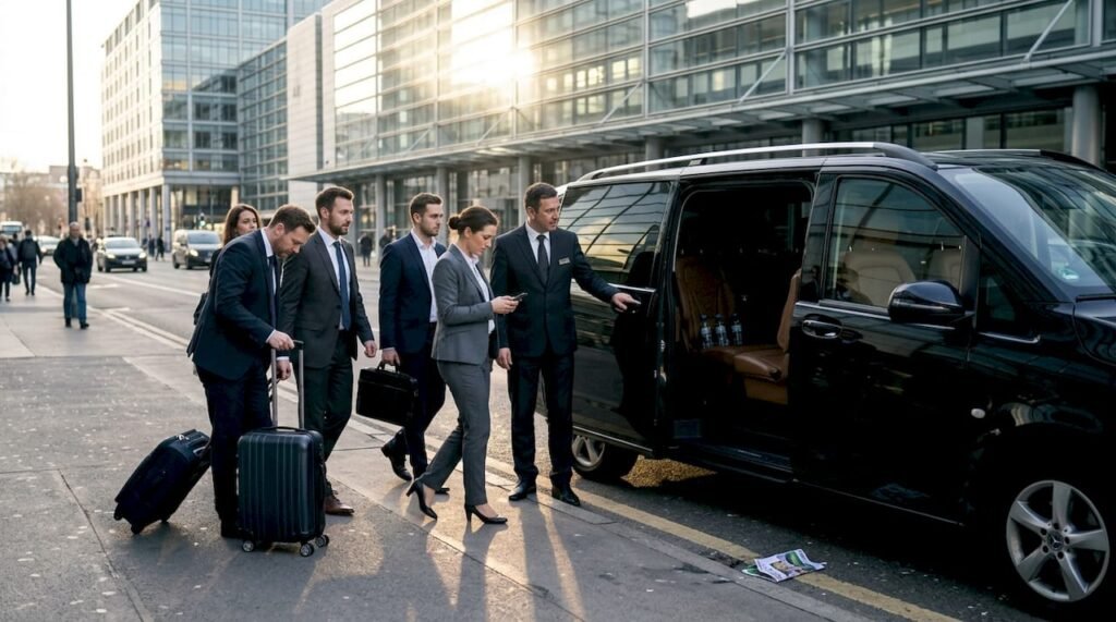 Executive group boarding Mercedes minibus transfer
