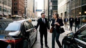 Chauffeur with S-Class on busy city street