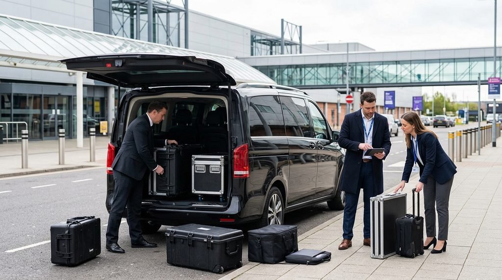 Best Chauffeur Cars for Business Travel | Executive Transport 1 Mercedes-Benz V-Class carrying consultants and equipment cases to the NEC in Solihull