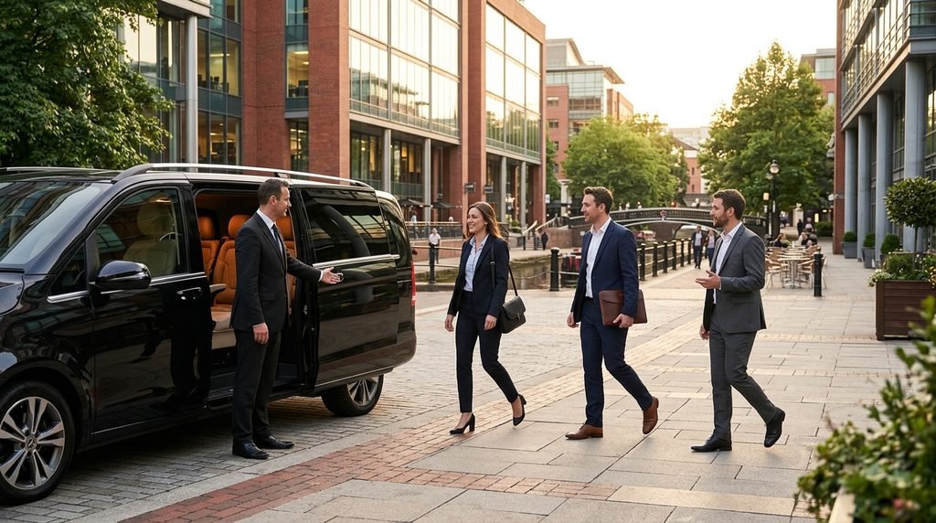 Best Chauffeur Cars for Business Travel | Executive Transport 2 Mercedes-Benz Jet-Class collecting colleagues after a client meeting at Brindleyplace, Birmingham