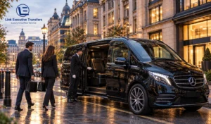 Mercedes-Benz Jet-Class executive transfer collecting business travellers on Colmore Row Best Chauffeur Cars for Business Travel Birmingham