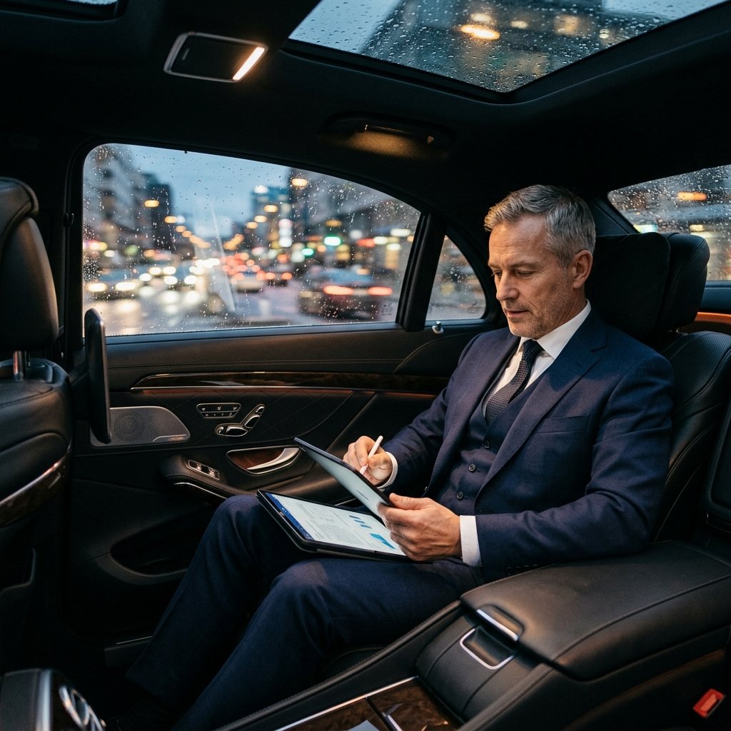 A high-end, cinematic professional photograph taken from inside a luxury vehicle at dusk. An executive in a sharp business suit is sitting comfortably in the backseat, working on a tablet with a focused expression. The interior is modern and polished with soft ambient lighting. Outside the window, city lights are blurred, suggesting movement and a seamless transition between meetings. The aesthetic is sophisticated, corporate, and minimalist, emphasizing the concept of a mobile boardroom without any text or distractions.