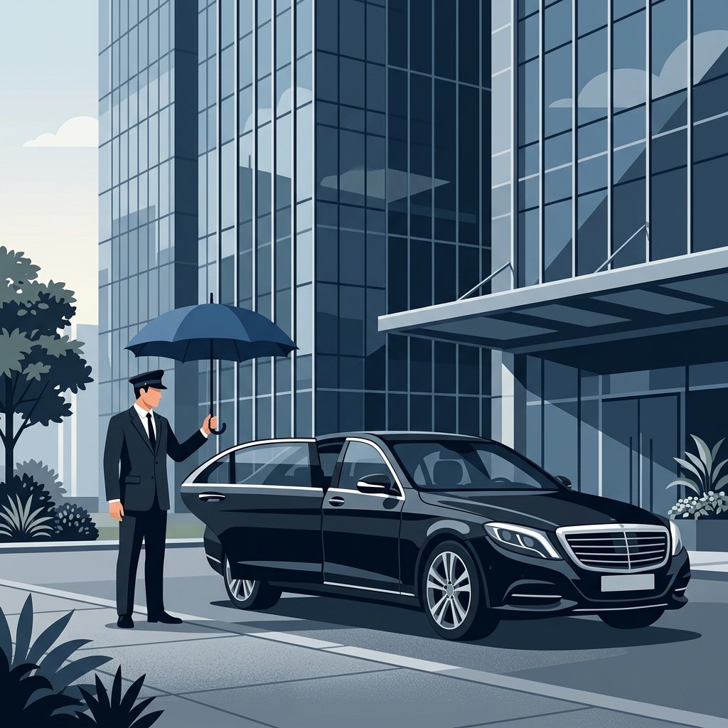 A sleek, professional flat-style illustration depicting the exterior of a premium black sedan parked in front of a modern glass skyscraper. A professional chauffeur in a clean suit is standing by the open rear door, holding an umbrella as if ready to greet a passenger. The color palette uses deep blues, greys, and crisp whites to convey luxury and trust. The composition focuses on architectural lines and minimalist design, representing corporate reliability and a premium brand image.
