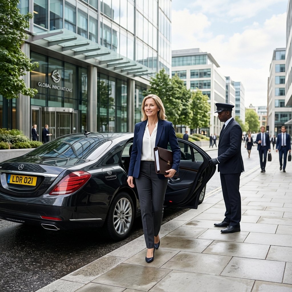 A bright, airy, and professional photographic wide shot of an executive stepping out of a luxury car onto a clean metropolitan sidewalk in front of a corporate headquarters. The lighting is natural and morning-fresh, conveying productivity and a refreshed mindset. The executive appears calm and prepared, holding a leather portfolio. The background features subtle architectural details of a business district, conveying the efficiency and stress-free environment provided by professional chauffeured transport. The image is clean, high-resolution, and corporate-ready.