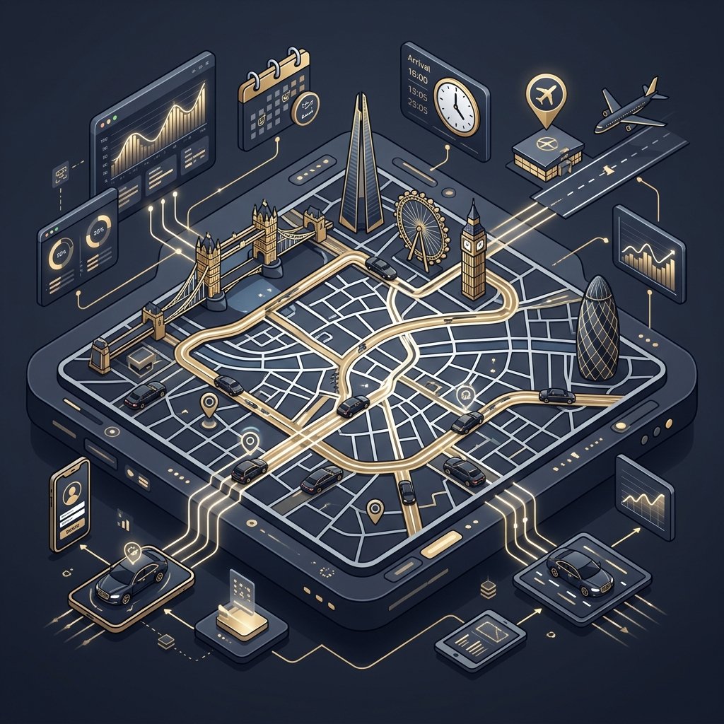 A high-quality 3D isometric flat illustration representing an integrated corporate transportation dashboard. The visual depicts a stylized map of London with glowing GPS navigation routes, small icons representing high-end vehicles moving efficiently through traffic, and interconnected digital elements like mobile devices, calendar icons, and flight departure symbols. The color palette uses deep navy, charcoal grey, and metallic gold accents. The design is clean, organized, and data-driven, perfect for illustrating the technological integration and logistics management aspects of a premium executive transport service.