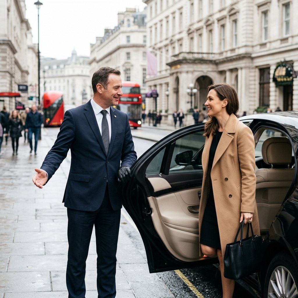 A professional, close-up shot of a well-dressed chauffeur in a sharp, tailored suit opening the door of a high-end luxury vehicle for a business client. The focus is on the interaction and the professional demeanor of the driver. The background features a blurred, upscale urban London streetscape with architectural details of a historic building. The lighting is bright and crisp, emphasizing the themes of reliability, punctuality, and the 'personal assistant' level of service provided by top-tier transport companies. The overall aesthetic is elegant, reliable, and premium.