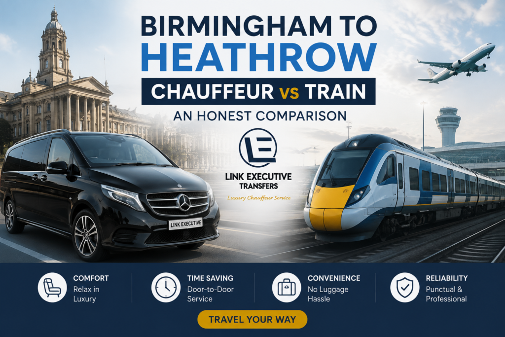 Birmingham to Heathrow Chauffeur vs Train An Honest Comparison 5 Birmingham to Heathrow chauffeur vs train comparison showing a luxury chauffeur car and train travel options