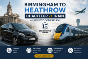 Birmingham to Heathrow chauffeur vs train comparison showing a luxury chauffeur car and train travel options